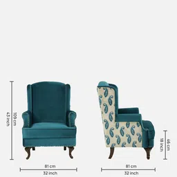 amberville from pepperfry Cloverdale Velvet Wing Chair in Teal Blue Colour image 2