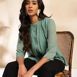 janasya Casual Regular Sleeves Self Design Women Green Top image 2