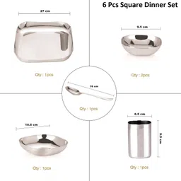 yuiop Pack of 6 Stainless Steel Square Shape Dinner Set - Includes 1 Thali, 1 Dish, 2 Bowls, 1 Spoon & 1 Glass Dinner Set image 2