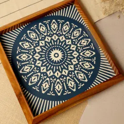 bambaise Blue Teak Wood Square Tray with Mandala Art image 1