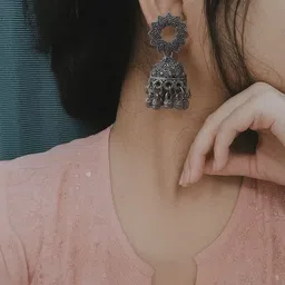 KiraBala Stylish Violet Studs with Oxidised Silver Jhumka Steel, Stainless Steel, Silver Stud Earring, Jhumki Earring image 3