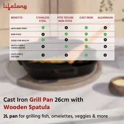 lifelong Pre-Seasoned Cast Iron Grill Pan with Wooden Spatula, Naturally Non Stick Grill Pan 26 cm diameter 2 L capacity image 2