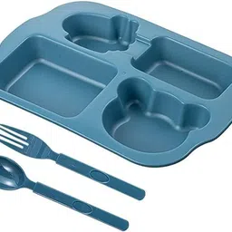 venja Plastic Kids Section Plate & Cutlery Set | Microwave Safe Divided Dinner Tray Dinner Set-picture-12