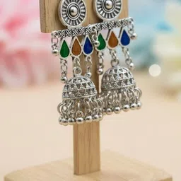happy glow hub Tribal Afghani Style Oxidized Dangler Jhumki Earrings For Women Girls Silver Earring Set, Jhumki Earring, Stud Earring, Chandbali Earring-picture-47