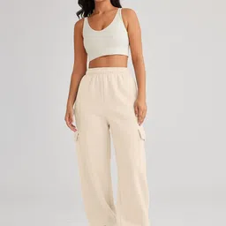 q-rious Women Relaxed Beige Cotton Blend Trousers image 2
