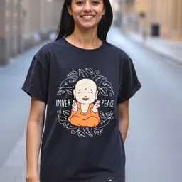 bewakoof Women Graphic Print Round Neck Pure Cotton Blue T-Shirt-picture-17