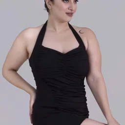 Keepfit Bathing Suits Halter One Piece Solid Women Swim-dress Black Swimsuit-picture-20