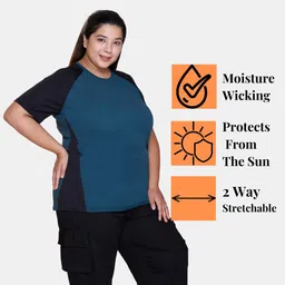 white moon Women Solid Round Neck Polyester Blue, Black T-Shirt image 3