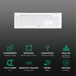 ZEBRONICS ZEB-DLK01 Wired Keyboard with Number Pad (UV Coated Keys, White) image 2