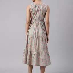 devdham Women Fit and Flare Light Blue, White, Orange Midi/Calf Length Dress image 2