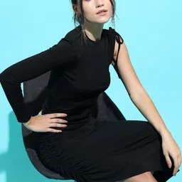 tokyo talkies Women A-line Black Knee Length Dress-picture-23