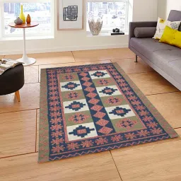 art india Green Geometrical Wool and Cotton 5 x 8 Feet Hand tufted Carpet image 1