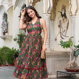 demirner Women Gathered Dark Green Maxi/Full Length Dress image 5