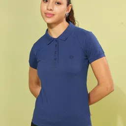 dollar missy Women Solid Polo Neck Reversible Cotton Blend Dark Blue T-Shirt image 1