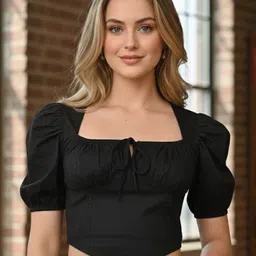 jaiya Party Puff Sleeves Solid Women Black Top-picture-22