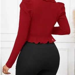 vratika Women's Open Front Ruffle Trim Jacket/Koti Long Puff Sleeves Crop, Work Office Blazer Outerwear | Tops Style Shrug | Ruffled Collar & Hem Short Jacket image 3