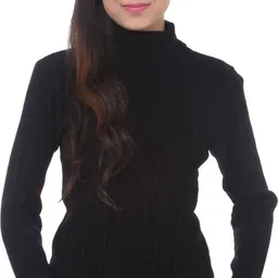 Women Solid High Neck Beige Sweater-image-28