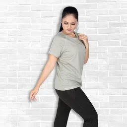 myo2 Women Printed Round Neck Polyester Grey T-Shirt image 4