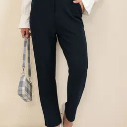 Women Slim Fit Dark Blue Cotton Blend Trousers-image-64