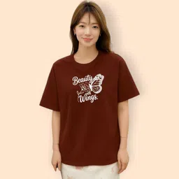 hivewear Women Printed Round Neck Cotton Blend Brown T-Shirt-picture-28