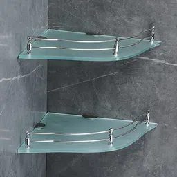 fortune Flower Frosted Storage Corner Shelf, Kitchen Shelves (9x9 Inch) (Pack of 2) Glass, Stainless Steel Wall Shelf-picture-11