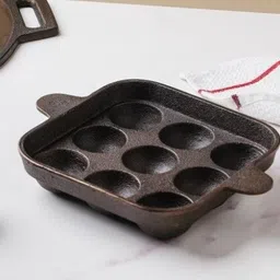 dje 9-pit Cast Iron square Non-sticky Paniyaram Pan Appam Maker Paniarakkal 1 L capacity 19 cm diameter image 3