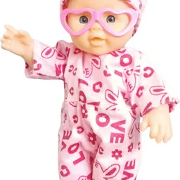 Cute Baby Doll with Pink Heart Pattern Outfit, Feeding Bottle and Heart Glasses,-image-0