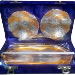 tinku k store Designer Serveware Bowl Set with Tray & Spoon | Gold & Silver Plated Chip & Dip Tray Serving Set-picture-15