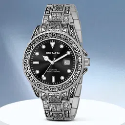 benling Analog Watch - For Men BL-1019-ANTQ--BLK-SLVR Analog Watch with Date Display Swipe Hand Quartz Movement Antique Style Silver Ion Plating Party / Casual / Wedding / Formal Wear Boys | Gents | Men Watch image 1