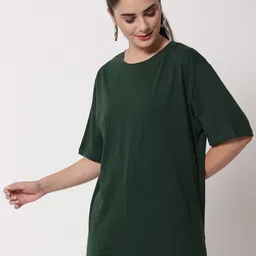 funday fashion Women Solid Round Neck Cotton Blend Dark Green T-Shirt-picture-11