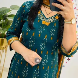 mks creation Women Embroidered Pure Cotton Straight Kurta With Attached Dupatta image 1