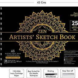 zen sangam express your mind Artists' A3 Sketch Pad Drawing Notebook (Spiral), 25 Sheets(50 Pages) 42x29.7cm, 150 GSM Acid Free Ivory Cartridge Paper for Pencils,Fineliners,Crayons,OilPastels,Light Watercolour - Gold Sketch Pad image 2
