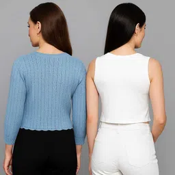 jileba international Casual Regular Sleeves Self Design, Embellished, Solid Women Black, White Top image 2