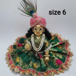 Green coloured flower print silk fabric dress with lace work for laddu gopal Dress-image-4