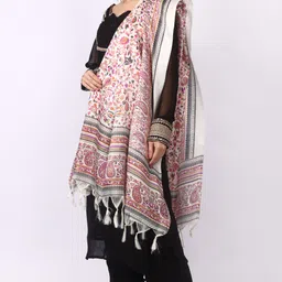 Silk Blend Self Design, Floral Print White, Multicolor Women Dupatta-image-7