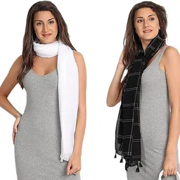 icw Checkered Cotton Blend Women Black, White Scarf, Fancy Scarf, Stole-picture-15