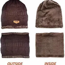youth robe Wool Unisex Beanie Cap with Neck Warmer Set Knit Hat Inside FurThick Fleece Lined Winter Cap for Men & Women image 4