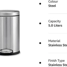 aquos Stainless Steel Pedal Dustbin with Lid | Small Compact Space Saver | 5 LTR Stainless Steel Dustbin image 3