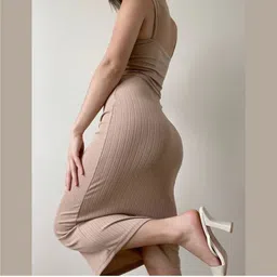 mysha clothing Women Bodycon Beige Midi/Calf Length Dress image 3