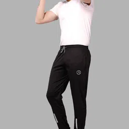 anand Men Solid, Self Design, Striped, Chevron/Zig Zag Black Track Pants image 4