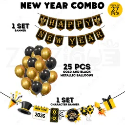 zyozique Black, Golden New Year Party Decorations Banner, Balloons,Character Banner (Pack Of 27) image 2