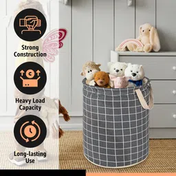 homestic Cotton Checks Cotton 45L Foldable Toys Organizer for Kids Room | Dark Grey Storage Basket image 4
