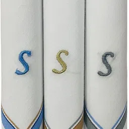 PASSION FROM OMTEX Men's Initial Alphabet Monogram (S) Embroidery 100% Pure Cotton Handkerchief ["WHITE WITH EMBROIDARY & COLORED BORDER"] Handkerchief image 2