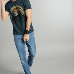 roadster Men Printed Round Neck Pure Cotton Blue T-Shirt image 4