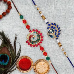 dreamica Designer Set-4-8 Mauli Thread, Kundan, Pearl Rakhi, Chawal Roli Pack, Greeting Card Set-picture-26