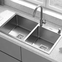 304 Stainless Steel Handmade Double Bowl |45x20x10| Kitchen Sink With Tap Hole Brushed Matte Finish | Included Strainer-Basket/Sink Coupling/Waste Pipe Vessel Sink-image-37