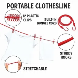 morixo Drying Rope with Hooks Elastic for Cloth Drying with 12 Clips Cloth(Pack of 1) Plastic Shirt Hanger For Shirt image 4
