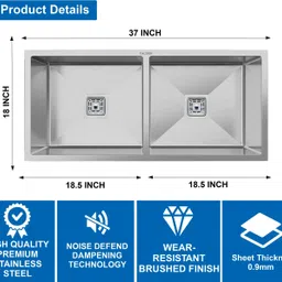golden 37"x18" Double Bowl Handmade Kitchen Sink Matte Finish GS-14Silver Vessel Sink image 2