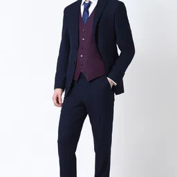 peter england Men Men Navy Textured Slim Fit Formal Three Piece Suit Solid Suit image 2