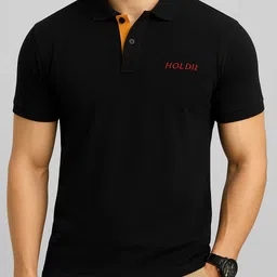 tazo Men Solid Polo Neck Cotton Blend Black T-Shirt image 1